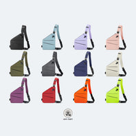 The Carryfront Bag in all twelve colours, laid out together
